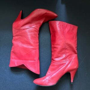 Vintage Red Leather High Heeled Pointed Toe Boots